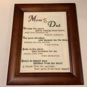 Handmade cross stitch wooden framed gift to mom and dad